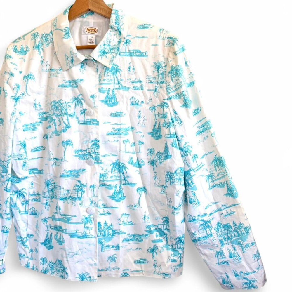 Talbots White Blue Patterned Button Up Jacket Wom… - image 2